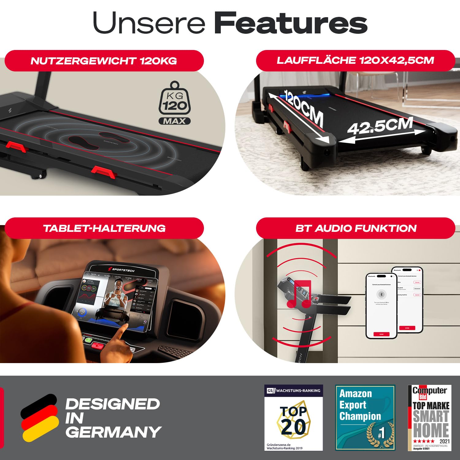 Sportstech F31s Profi Laufband für Zuhause I Premium APP via Bluetooth I LED & Tablethalterung I Deutsche Qualitätsmarke I 4.5 PS, 16 km/h - Fitness Treadmill klappbar bis 120 kg Nutzergewicht