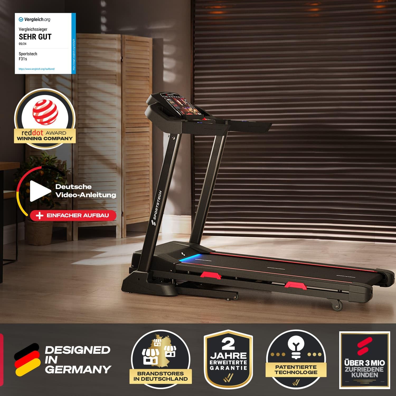 Sportstech F31s Profi Laufband für Zuhause I Premium APP via Bluetooth I LED & Tablethalterung I Deutsche Qualitätsmarke I 4.5 PS, 16 km/h - Fitness Treadmill klappbar bis 120 kg Nutzergewicht