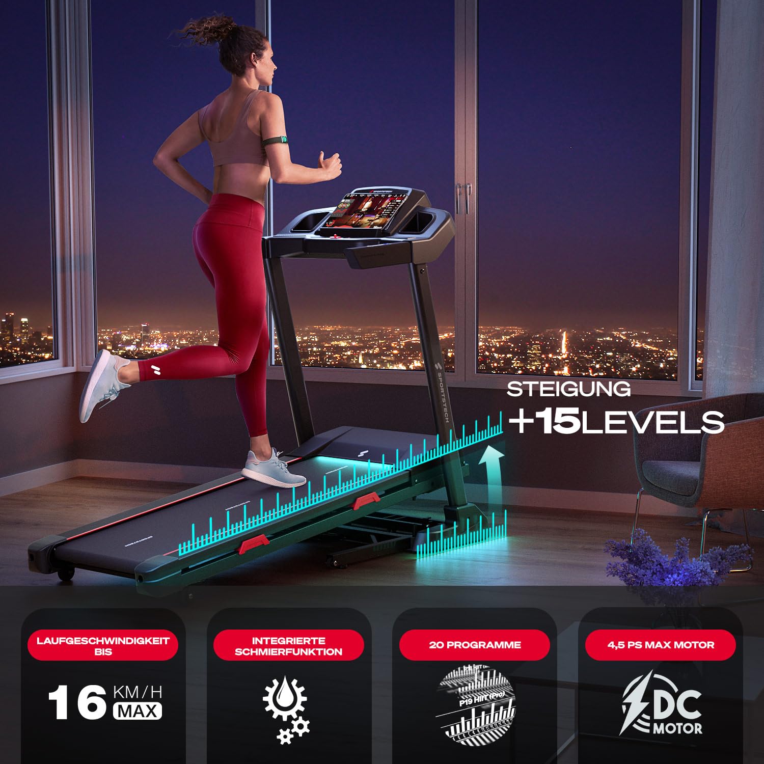 Sportstech F31s Profi Laufband für Zuhause I Premium APP via Bluetooth I LED & Tablethalterung I Deutsche Qualitätsmarke I 4.5 PS, 16 km/h - Fitness Treadmill klappbar bis 120 kg Nutzergewicht