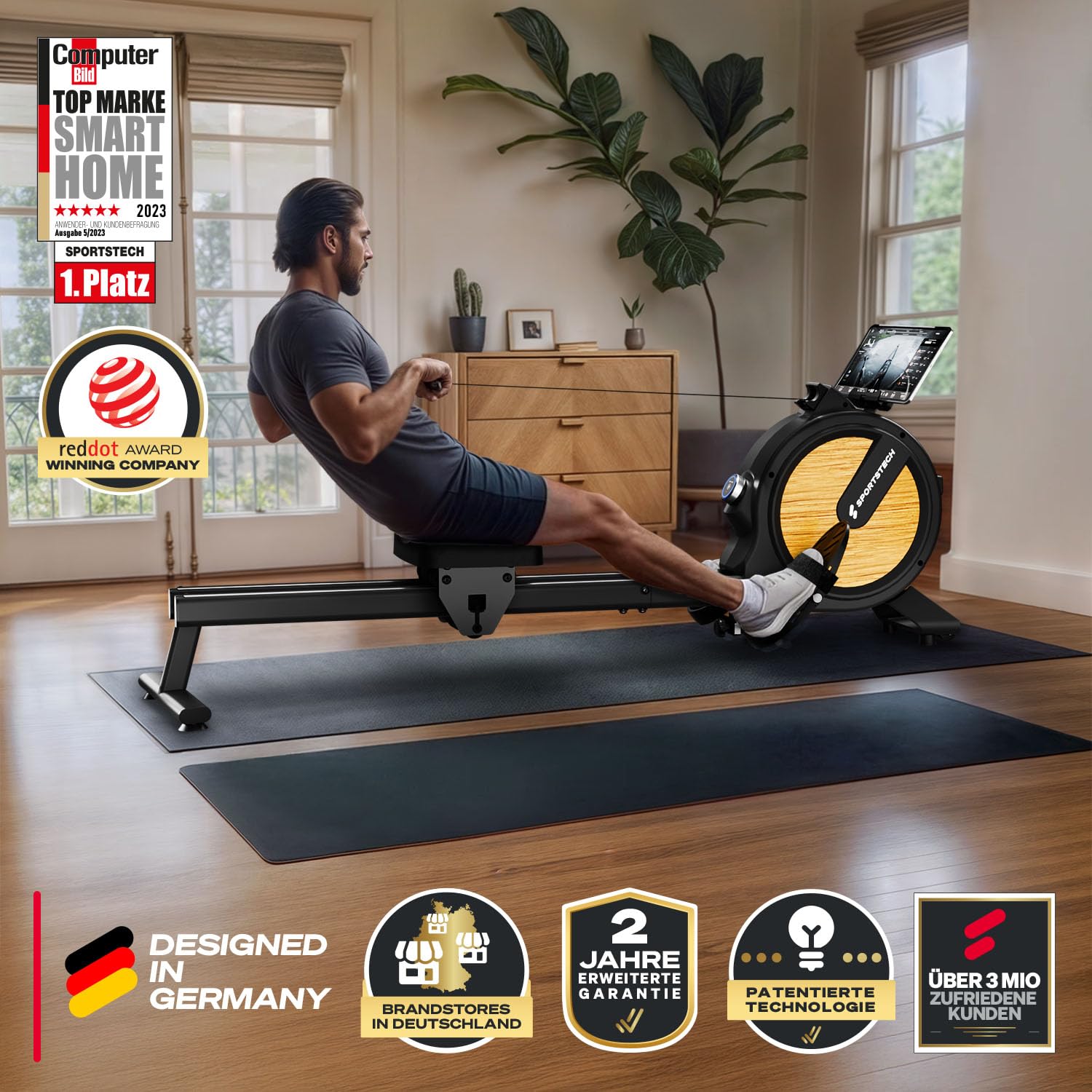 Sportstech PROwer Rudergerät für Zuhause, 32 Stufen Magnetwiderstand, LED Display, Dual Slide Rail, Bluetooth App kompatibel, leise, Ganzkörpertraining, Tablethalterung, vertikal verstaubar (Oak)