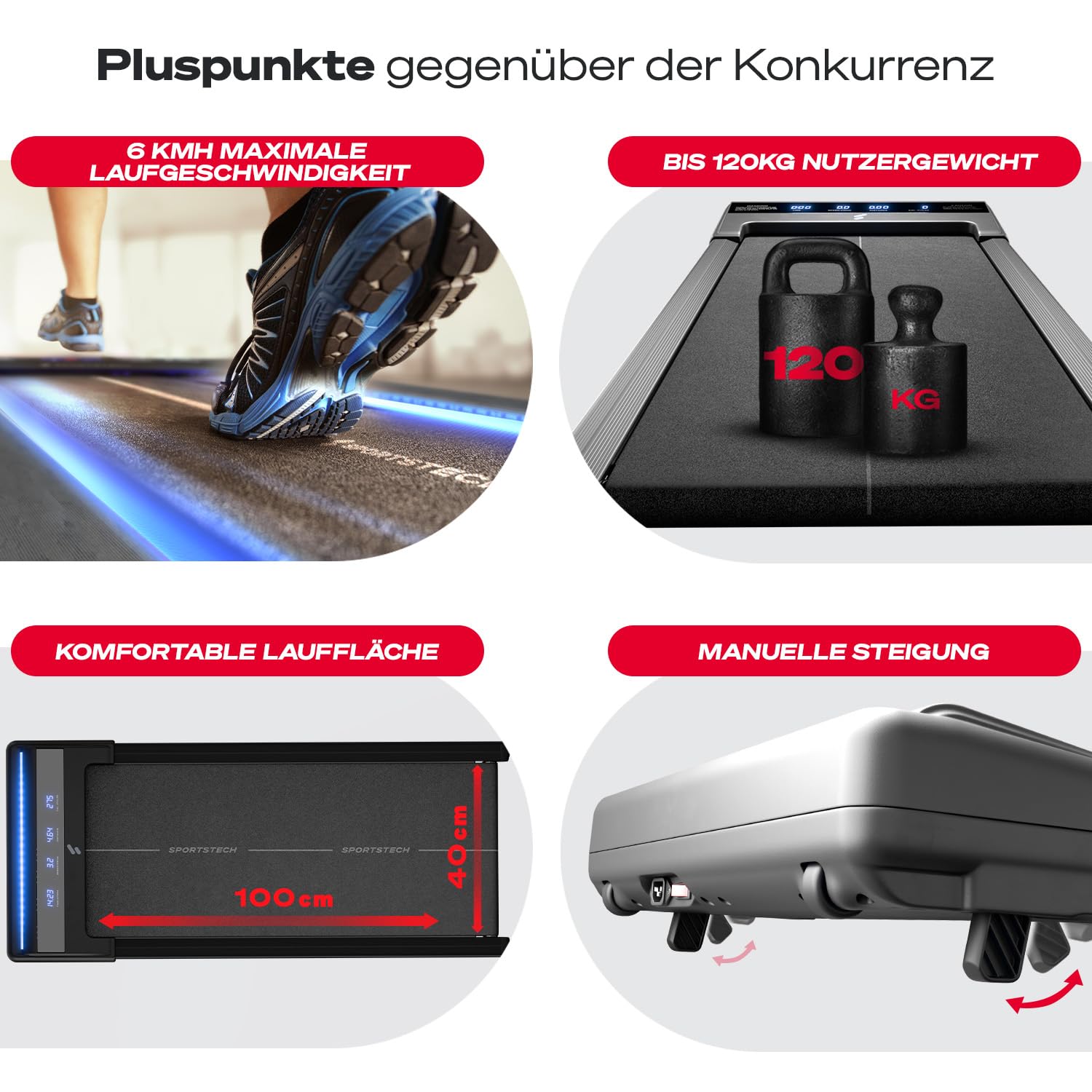 Sportstech Laufband Walking Pad für Zuhause, mit manueller Steigung, Walking Pad bis 6 km/h, Treadmill bis 12km/h, App, Fernbedienung swalk lite