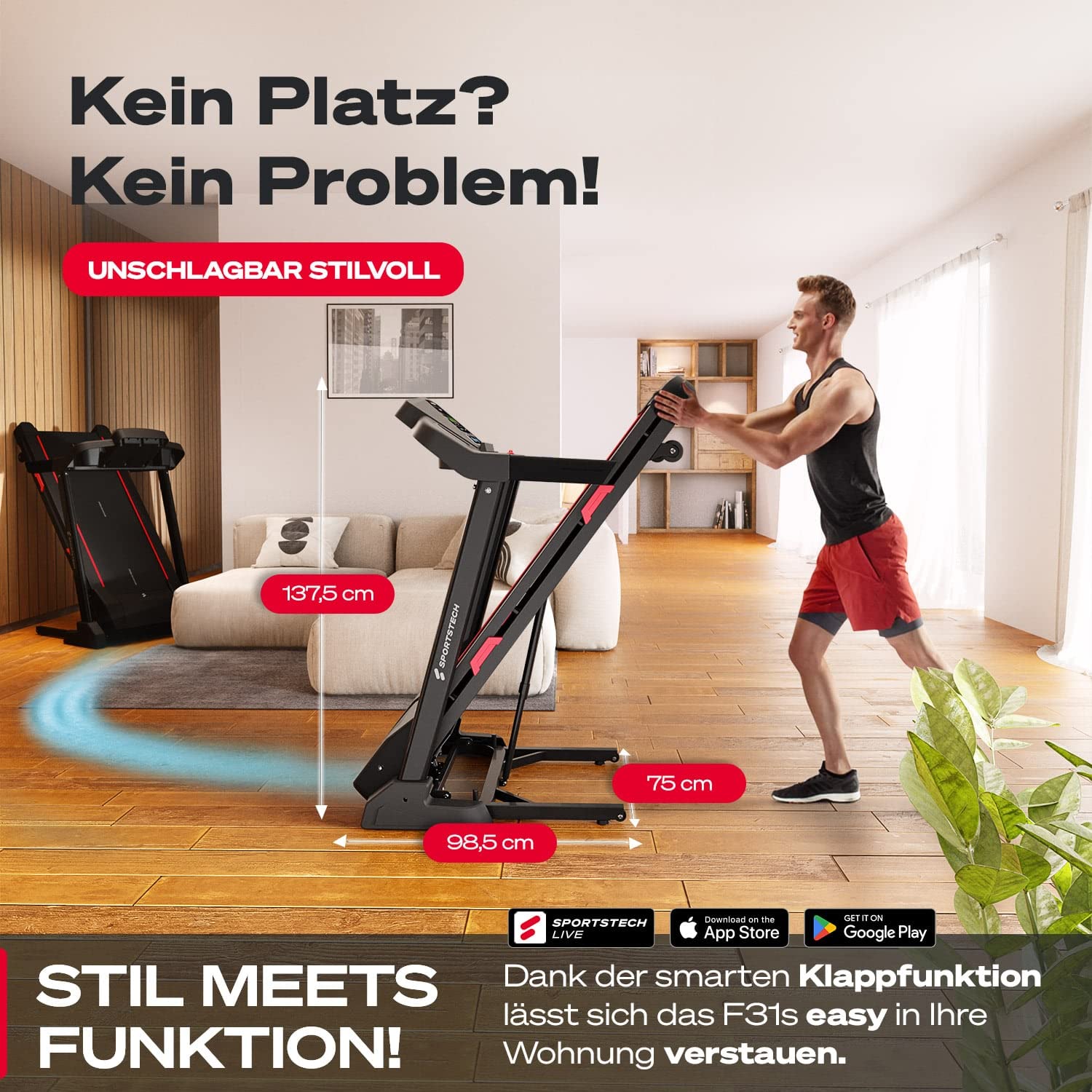 Sportstech F31s Profi Laufband für Zuhause I Premium APP via Bluetooth I LED & Tablethalterung I Deutsche Qualitätsmarke I 4.5 PS, 16 km/h - Fitness Treadmill klappbar bis 120 kg Nutzergewicht