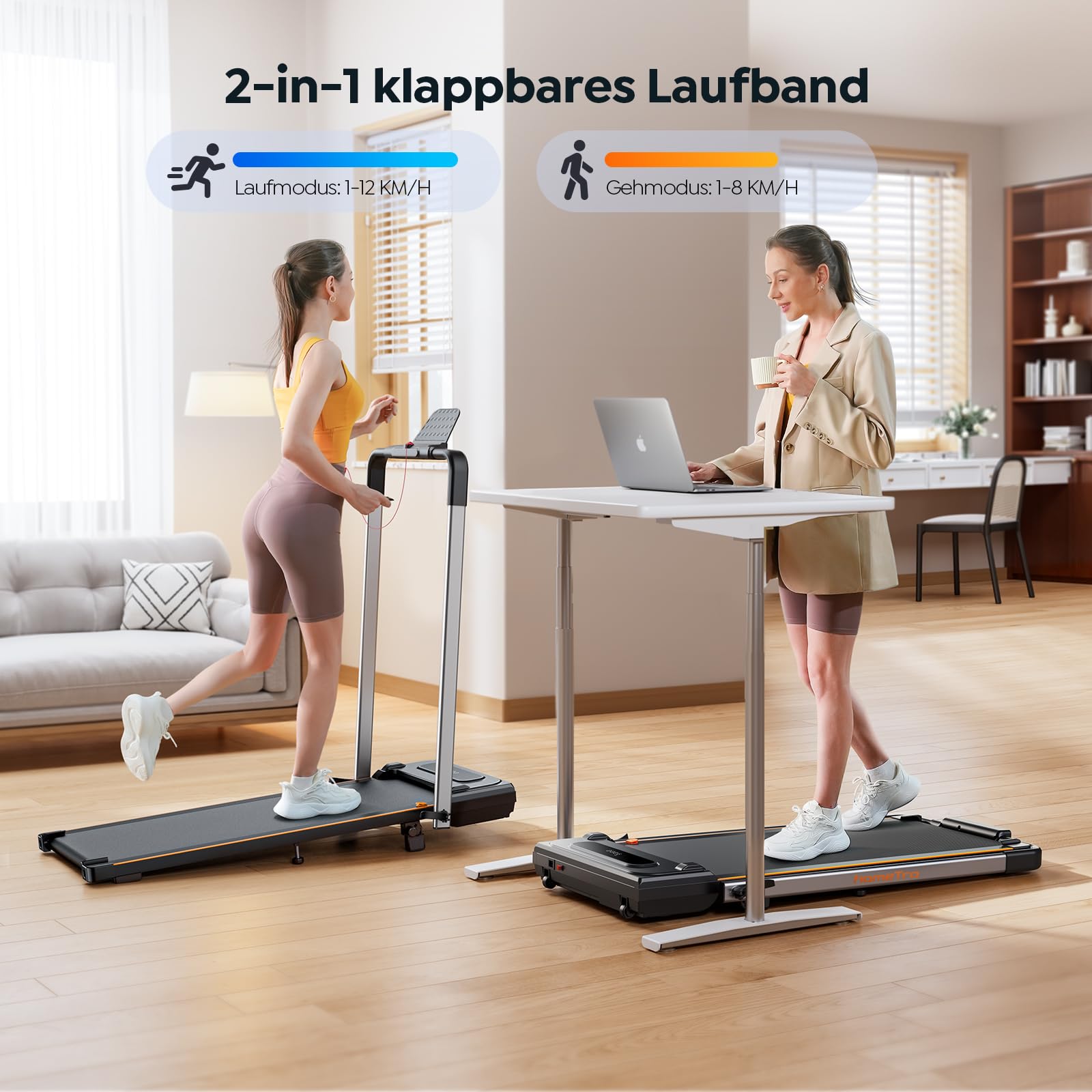 Klappbar Laufband für Zuhause mit Steigung, 2 in 1 Walking Pad Neigung Laufband, 12 km/h, Fernbedienung & App-Steuerung, LCD-Anzeige, Doppelter Stoßdämpfung, Kein Montagebedarf, für Zuhause & Büro