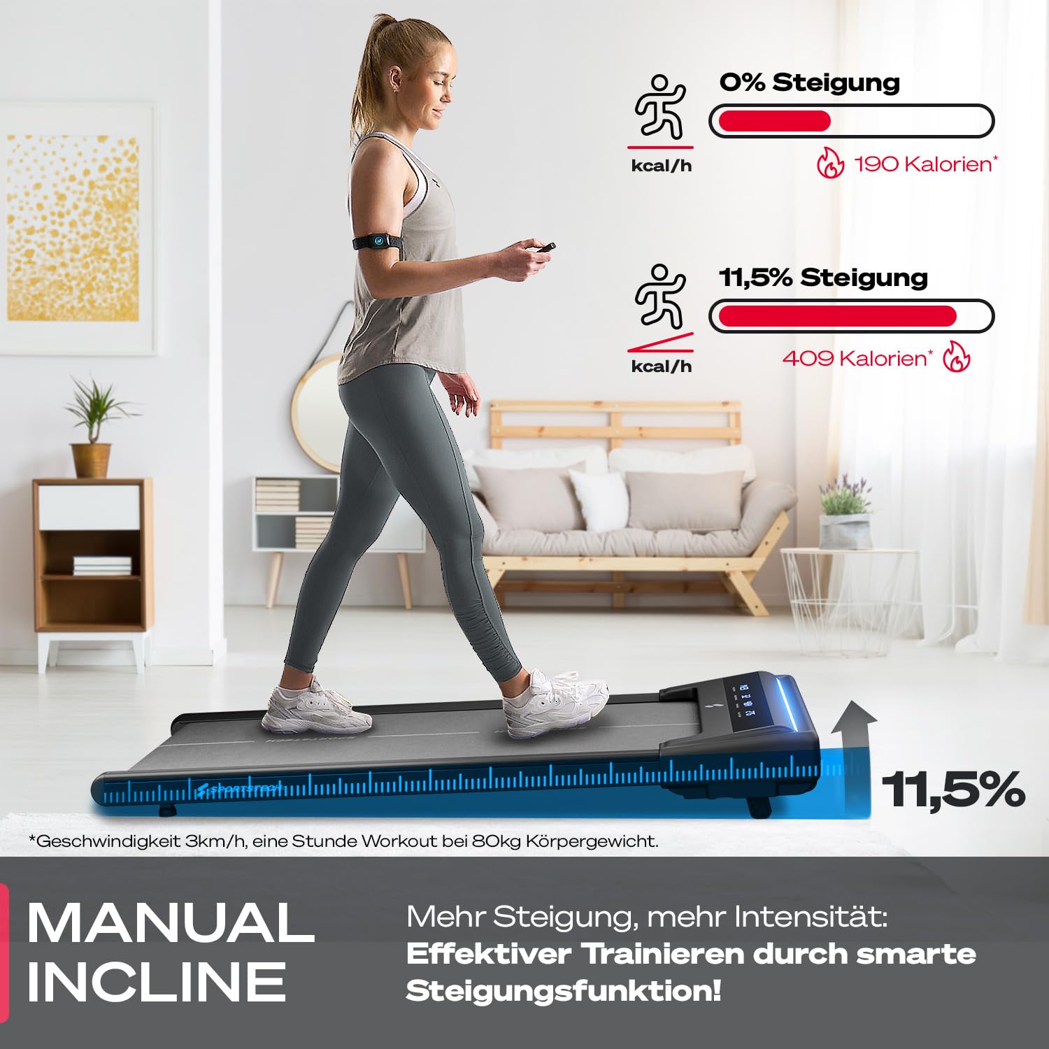 Sportstech Laufband Walking Pad für Zuhause, mit manueller Steigung, Walking Pad bis 6 km/h, Treadmill bis 12km/h, App, Fernbedienung swalk lite