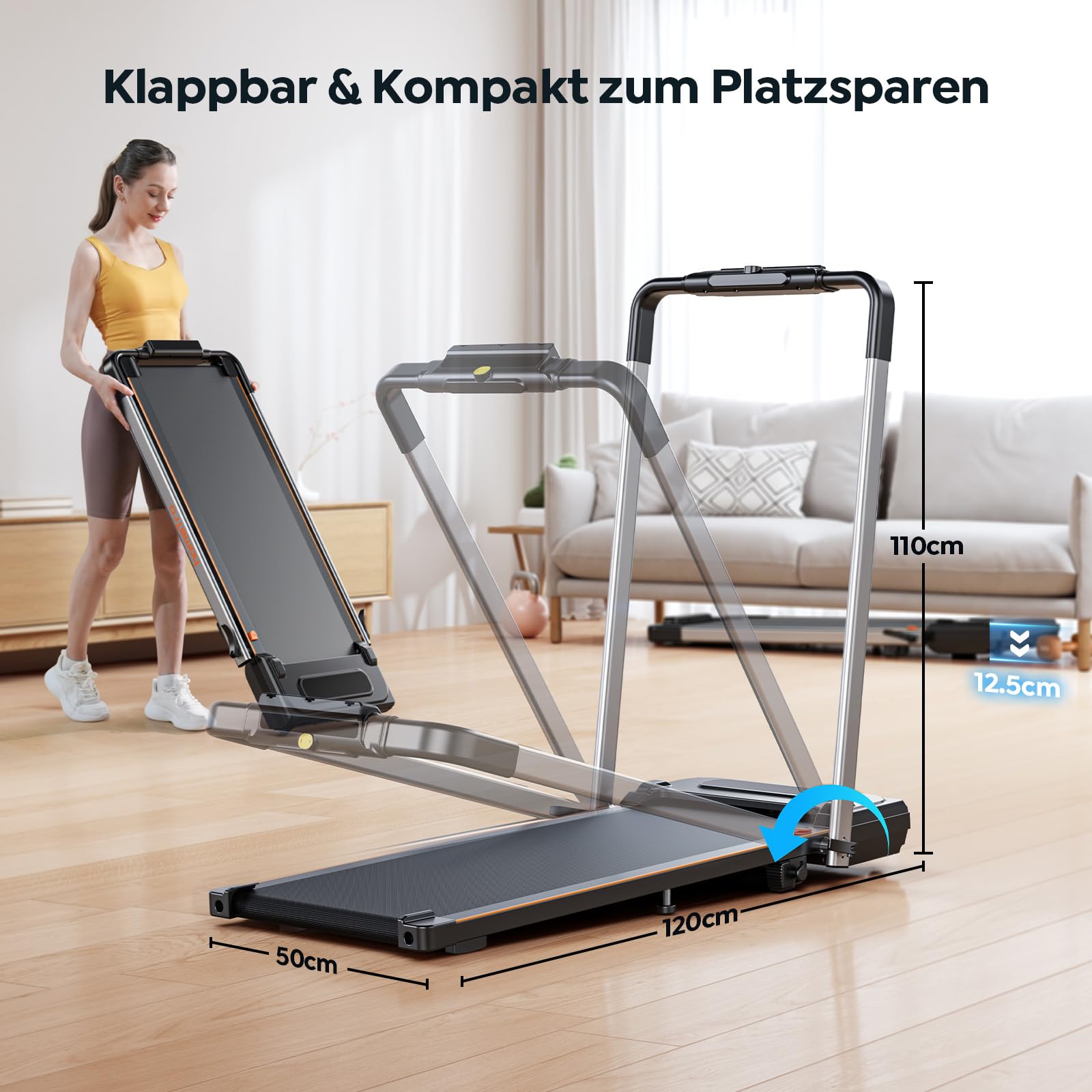 Klappbar Laufband für Zuhause mit Steigung, 2 in 1 Walking Pad Neigung Laufband, 12 km/h, Fernbedienung & App-Steuerung, LCD-Anzeige, Doppelter Stoßdämpfung, Kein Montagebedarf, für Zuhause & Büro