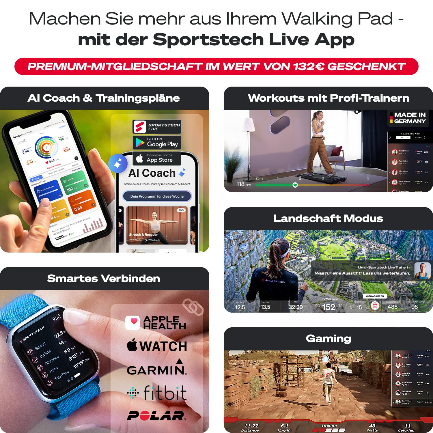 Sportstech Laufband Walking Pad für Zuhause, mit manueller Steigung, Walking Pad bis 6 km/h, Treadmill bis 12km/h, App, Fernbedienung swalk lite