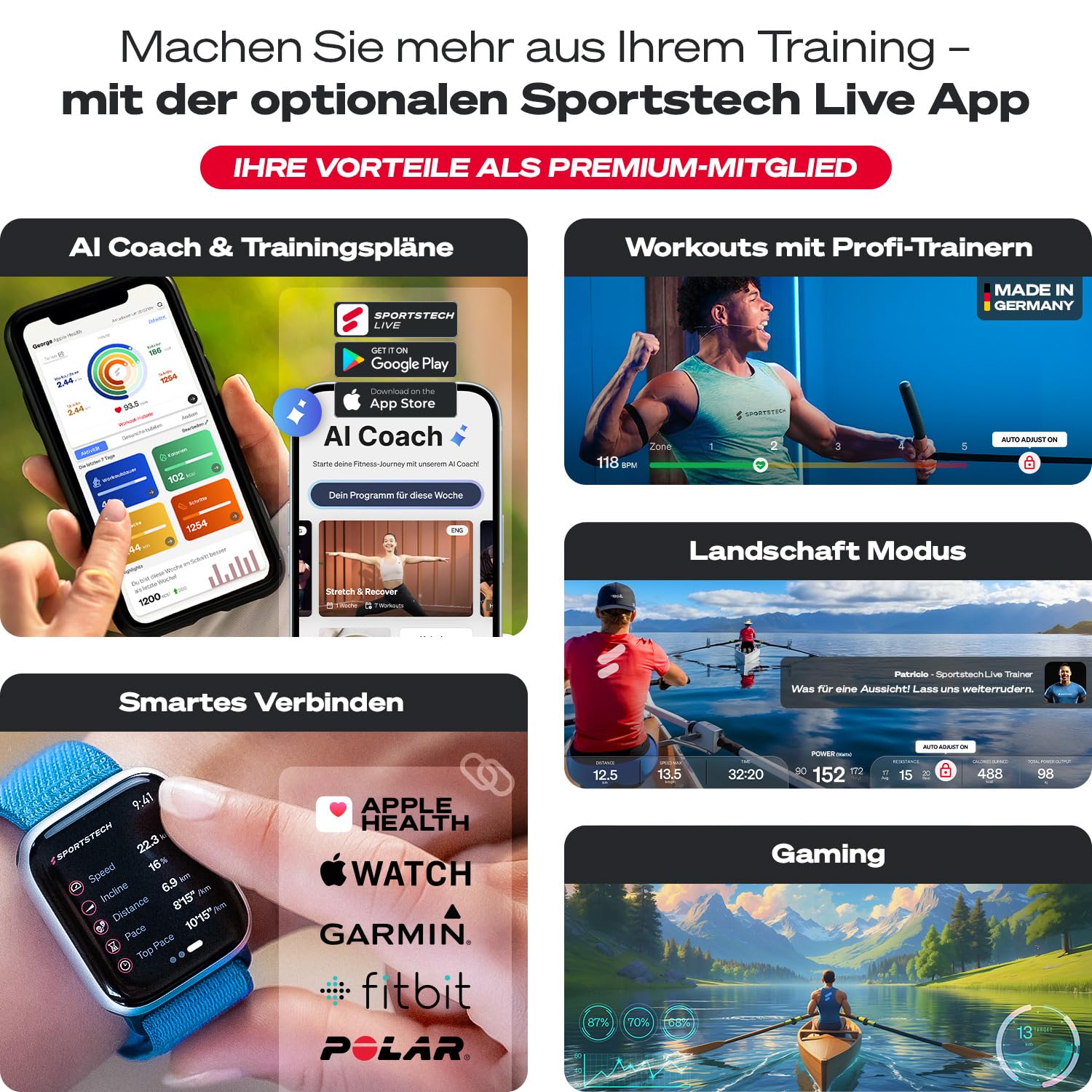 Sportstech PROwer Rudergerät für Zuhause, 32 Stufen Magnetwiderstand, LED Display, Dual Slide Rail, Bluetooth App kompatibel, leise, Ganzkörpertraining, Tablethalterung, vertikal verstaubar (Oak)