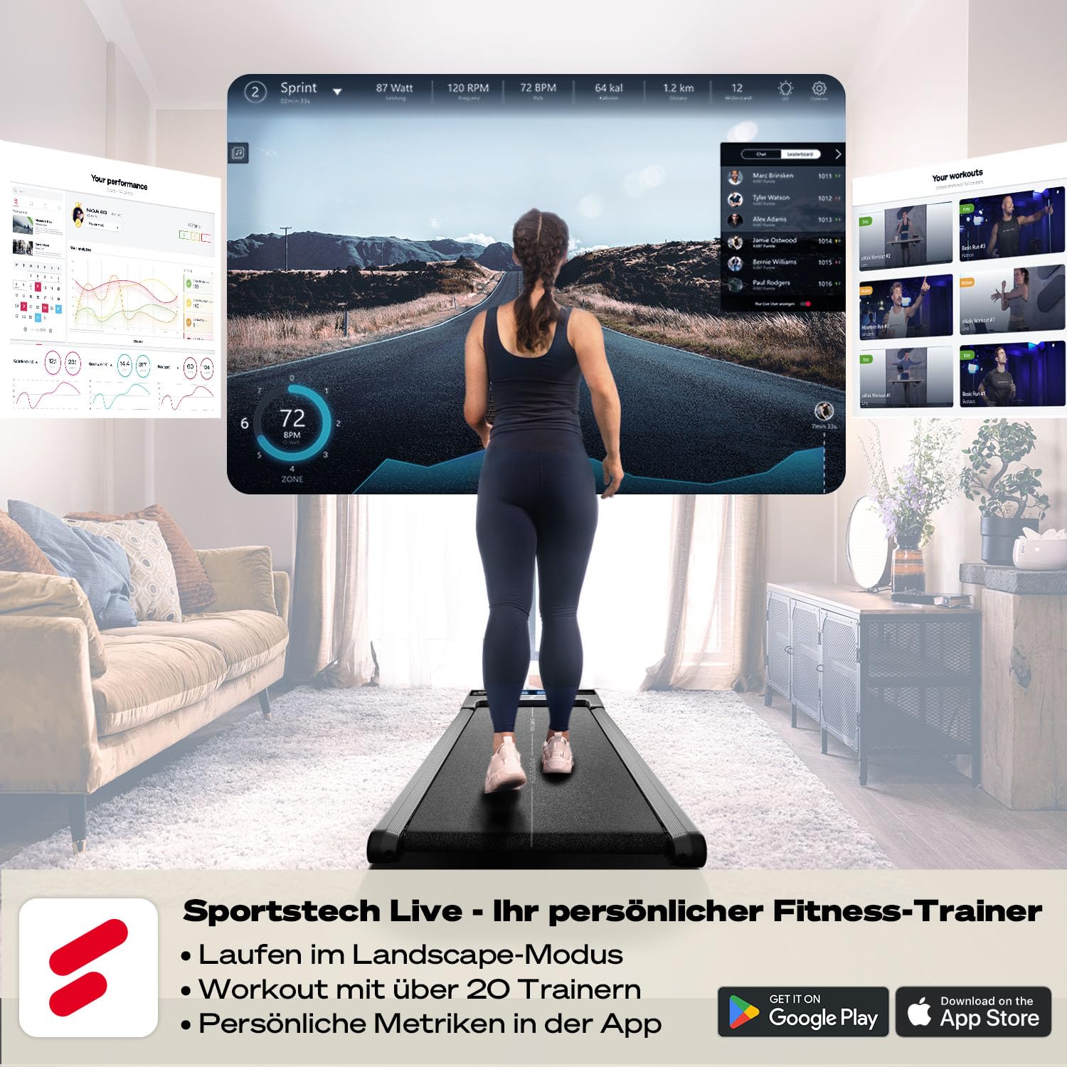 Sportstech Laufband Walking Pad für Zuhause, mit manueller Steigung, Walking Pad bis 6 km/h, Treadmill bis 12km/h, App, Fernbedienung swalk lite