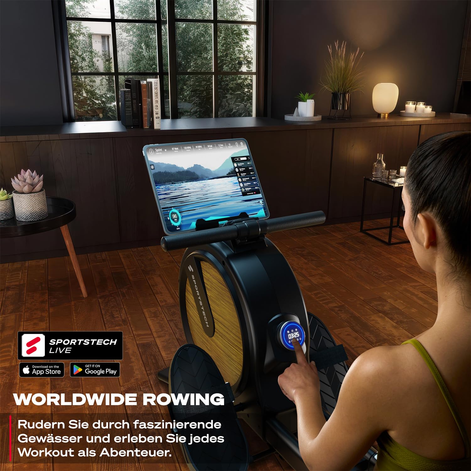 Sportstech PROwer Rudergerät für Zuhause, 32 Stufen Magnetwiderstand, LED Display, Dual Slide Rail, Bluetooth App kompatibel, leise, Ganzkörpertraining, Tablethalterung, vertikal verstaubar (Oak)