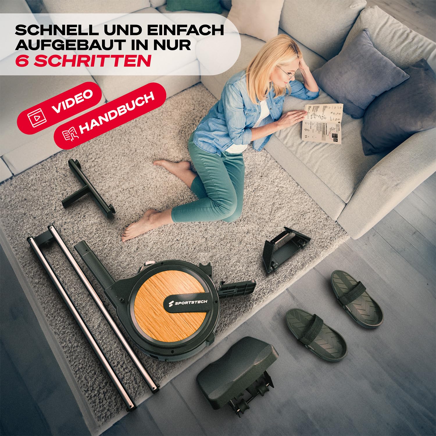 Sportstech PROwer Rudergerät für Zuhause, 32 Stufen Magnetwiderstand, LED Display, Dual Slide Rail, Bluetooth App kompatibel, leise, Ganzkörpertraining, Tablethalterung, vertikal verstaubar (Oak)