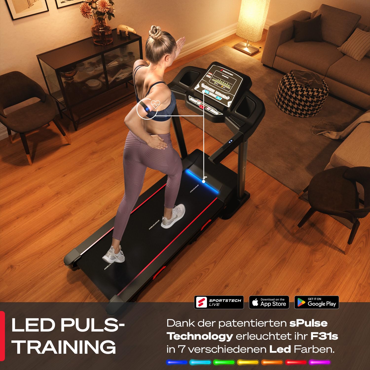 Sportstech F31s Profi Laufband für Zuhause I Premium APP via Bluetooth I LED & Tablethalterung I Deutsche Qualitätsmarke I 4.5 PS, 16 km/h - Fitness Treadmill klappbar bis 120 kg Nutzergewicht