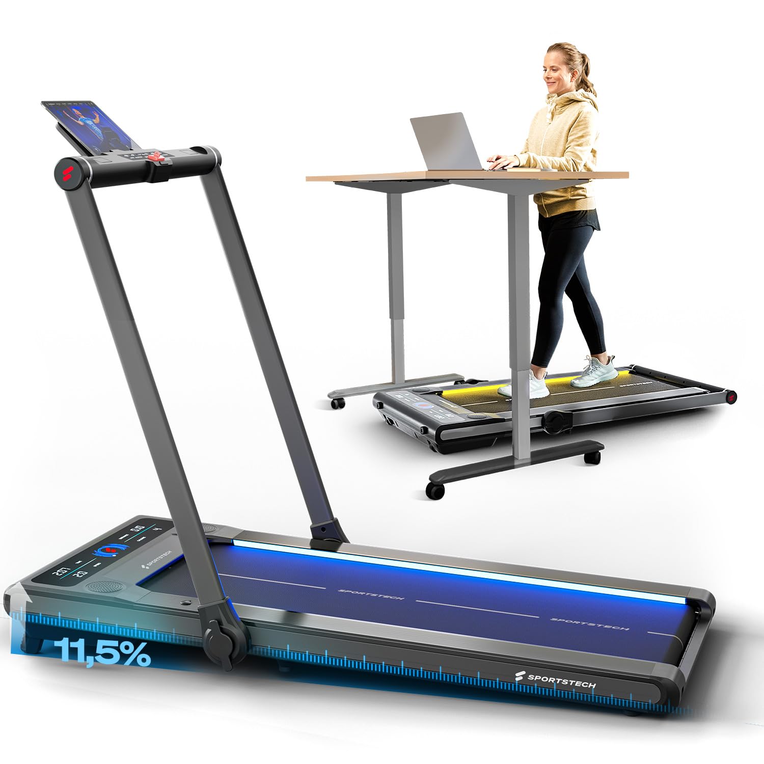 Sportstech sWalk Plus - 2in1 LED Laufband und Walking Pad - Deutsche Qualitätsmarke - Laufband für Zuhause und Schreibtisch bis 14 km/h, klappbar - Bluetooth APP - 3,5 PS Fitness Treadmill bis 120kg