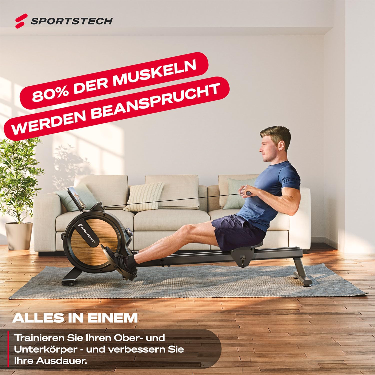 Sportstech PROwer Rudergerät für Zuhause, 32 Stufen Magnetwiderstand, LED Display, Dual Slide Rail, Bluetooth App kompatibel, leise, Ganzkörpertraining, Tablethalterung, vertikal verstaubar (Oak)